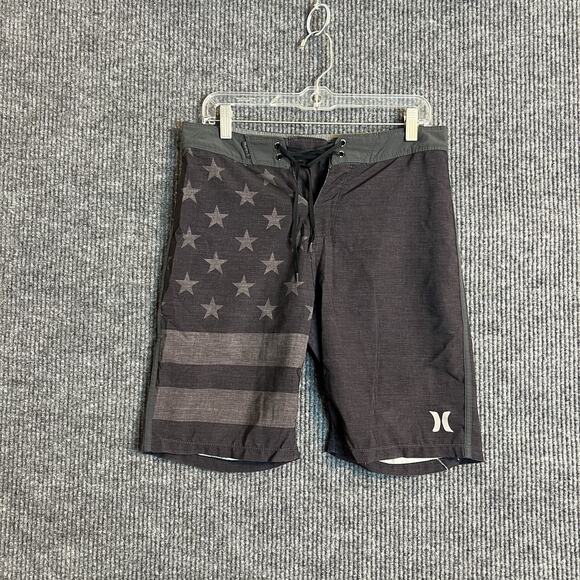 Hurley Mens Flag Printed Swim Trunks Size 28 Gray Drawstring Beach Surf - Picture 1 of 10